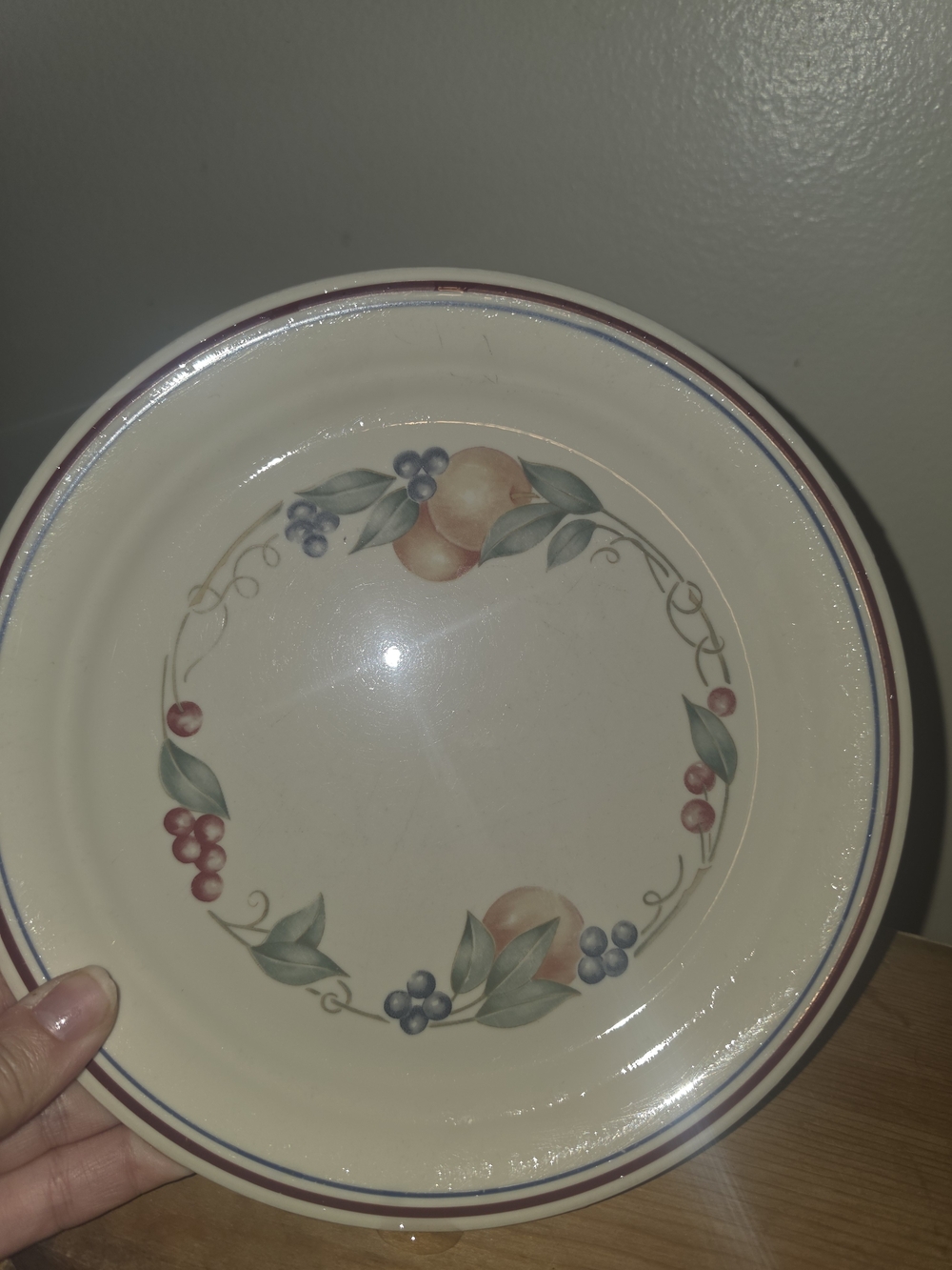 Corelle Cream Dinner Plate with Fruit Wreath and Red-Blue Rim